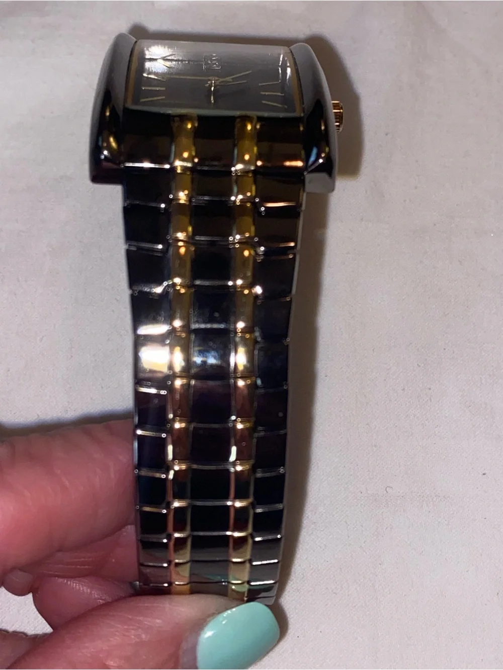 Black and Gold Rectangular Bracelet Watch with Iridescent Dial